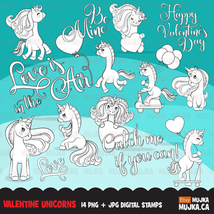 Valentine's Day unicorn Digital Stamps, animal valentine