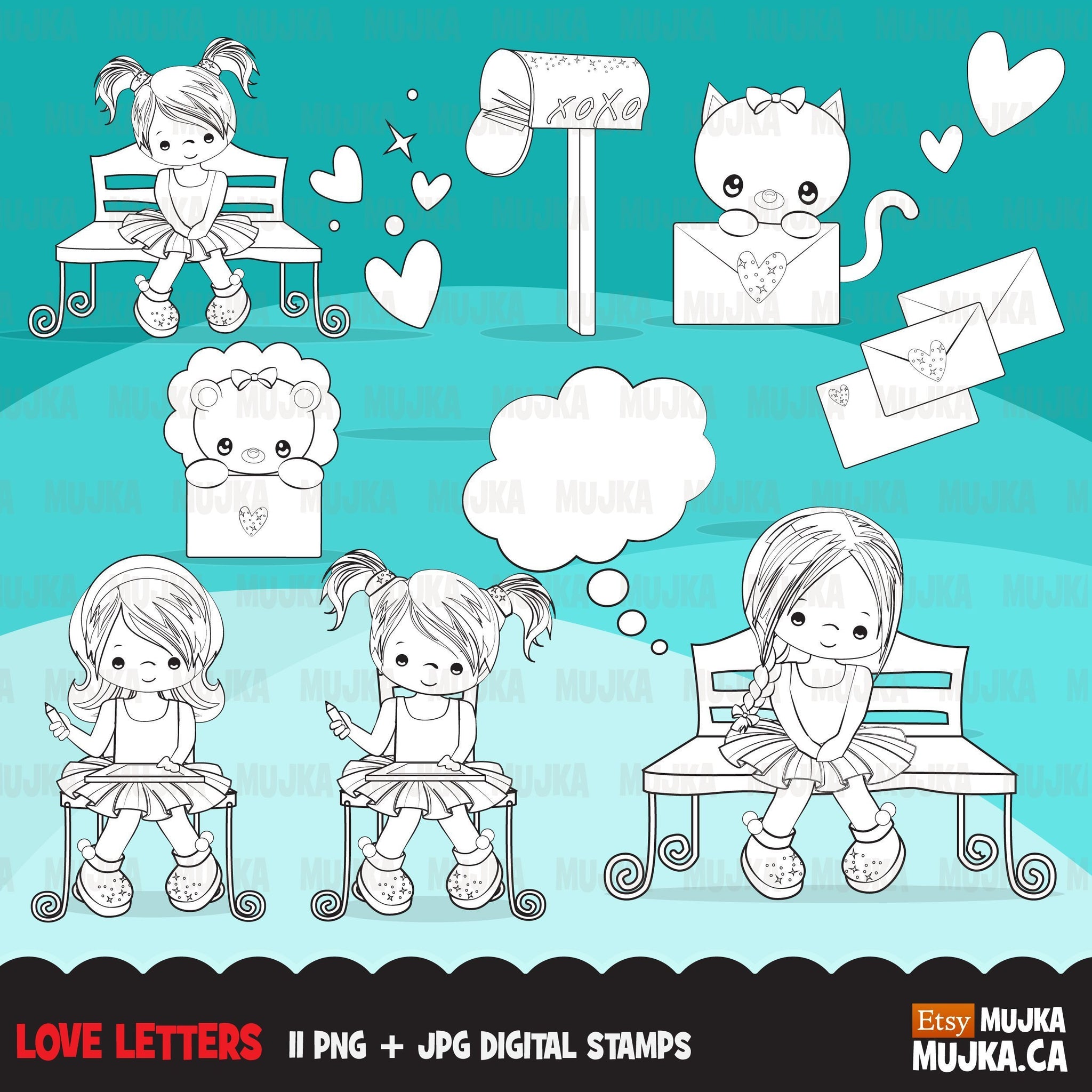 Valentine's Day Digital Stamps, girl boy love letter