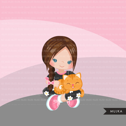 Kitten and little girl clipart, animal graphic