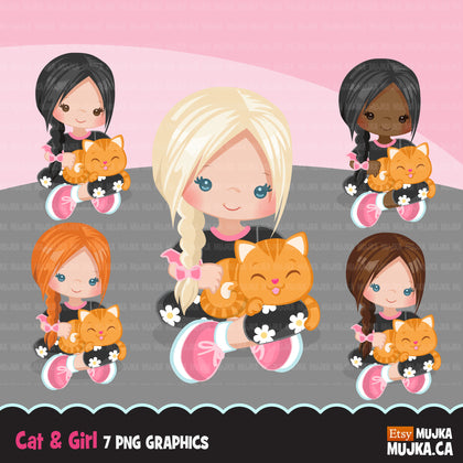 Kitten and little girl clipart, animal graphic