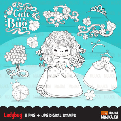 Ladybug Digital Stamps, Girl, animal