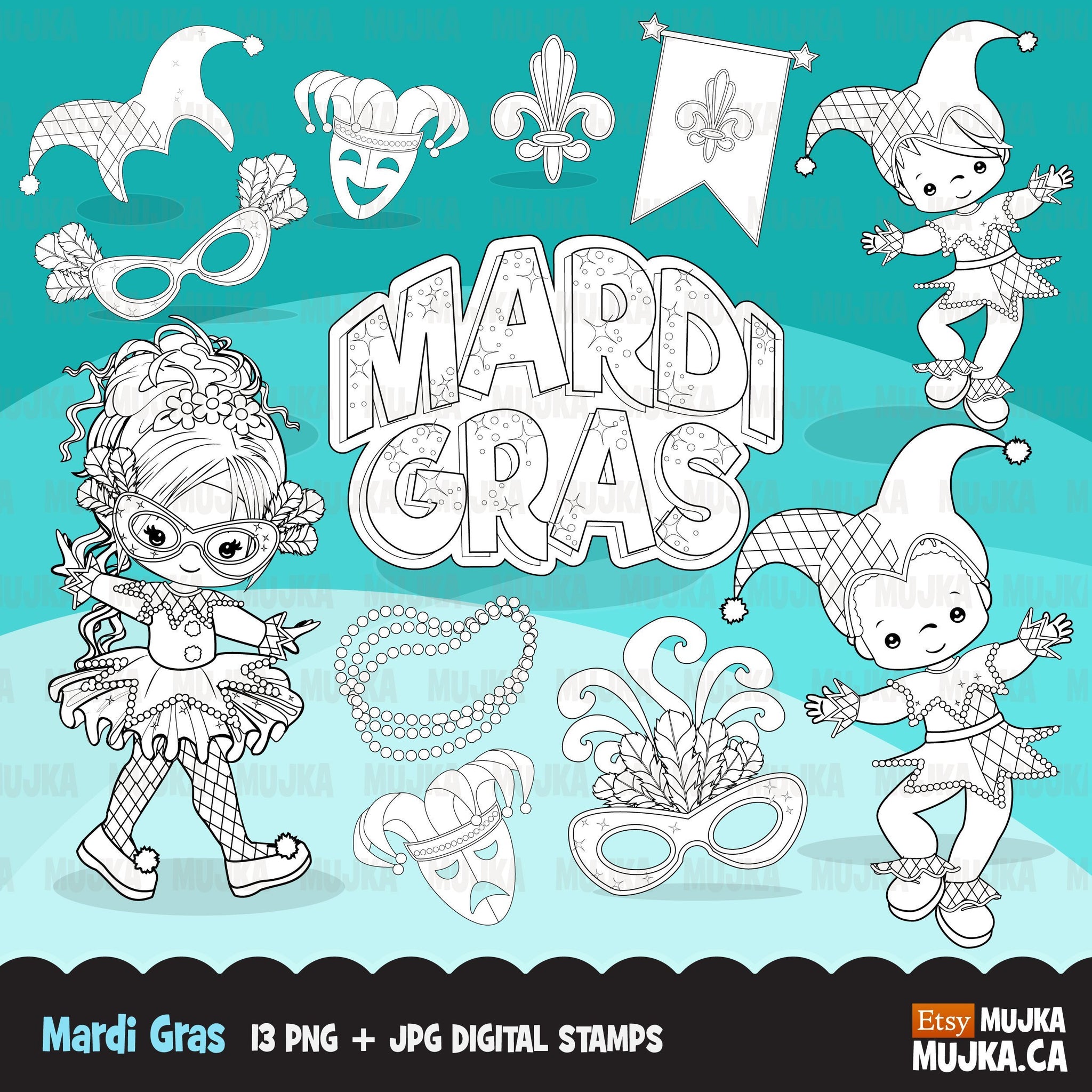Mardi gras digital stamps, girl and boy
