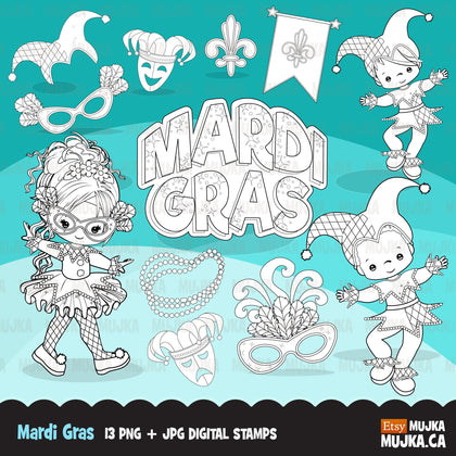 Mardi gras digital stamps, girl and boy