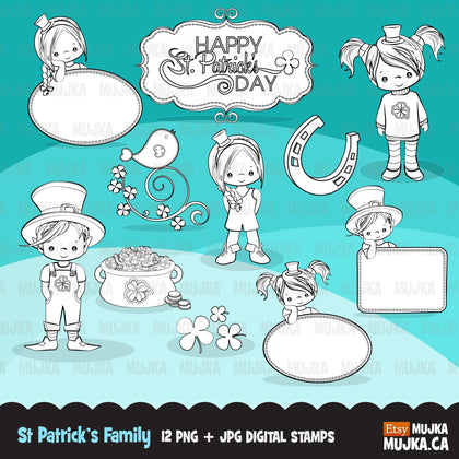St Patrick's Day digital stamps, girl and boy
