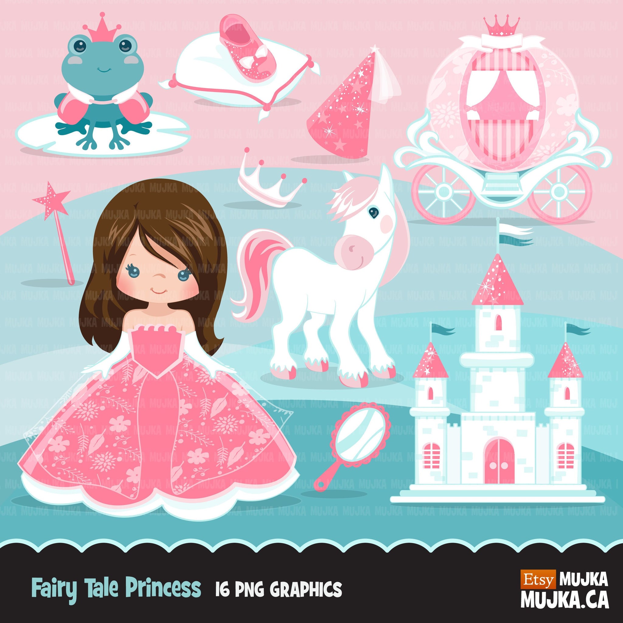 Clipart de princesa de cuento de hadas, niña con vestido rosa