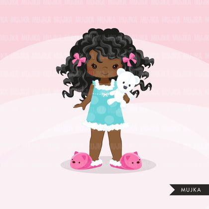 Bed time clipart, little girl bedroom, sleeping pajama graphics