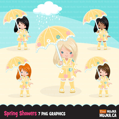 Spring showers girl clipart, little girl png