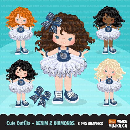 Denim and Diamonds Tutu Clipart. Little Girl with denim graphics.