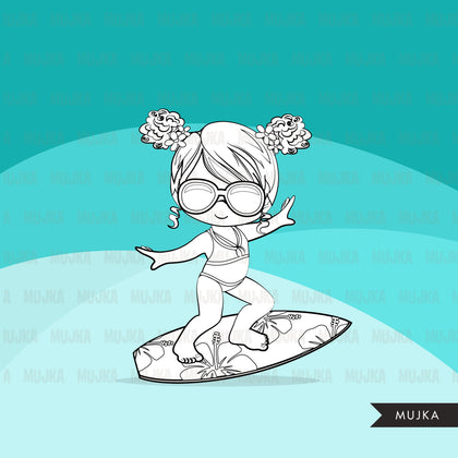Surfer digital Stamps.  Beach birthday, girl and boy summer