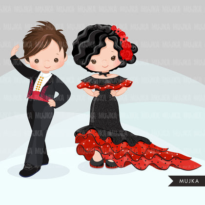 Clipart de flamenco para niño, bailarines de flamenco españoles.