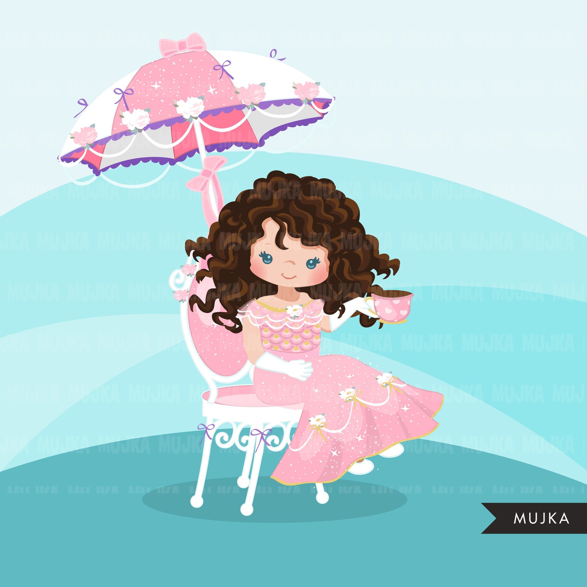 Princess Tea party clipart, Little curly haired girl graphics