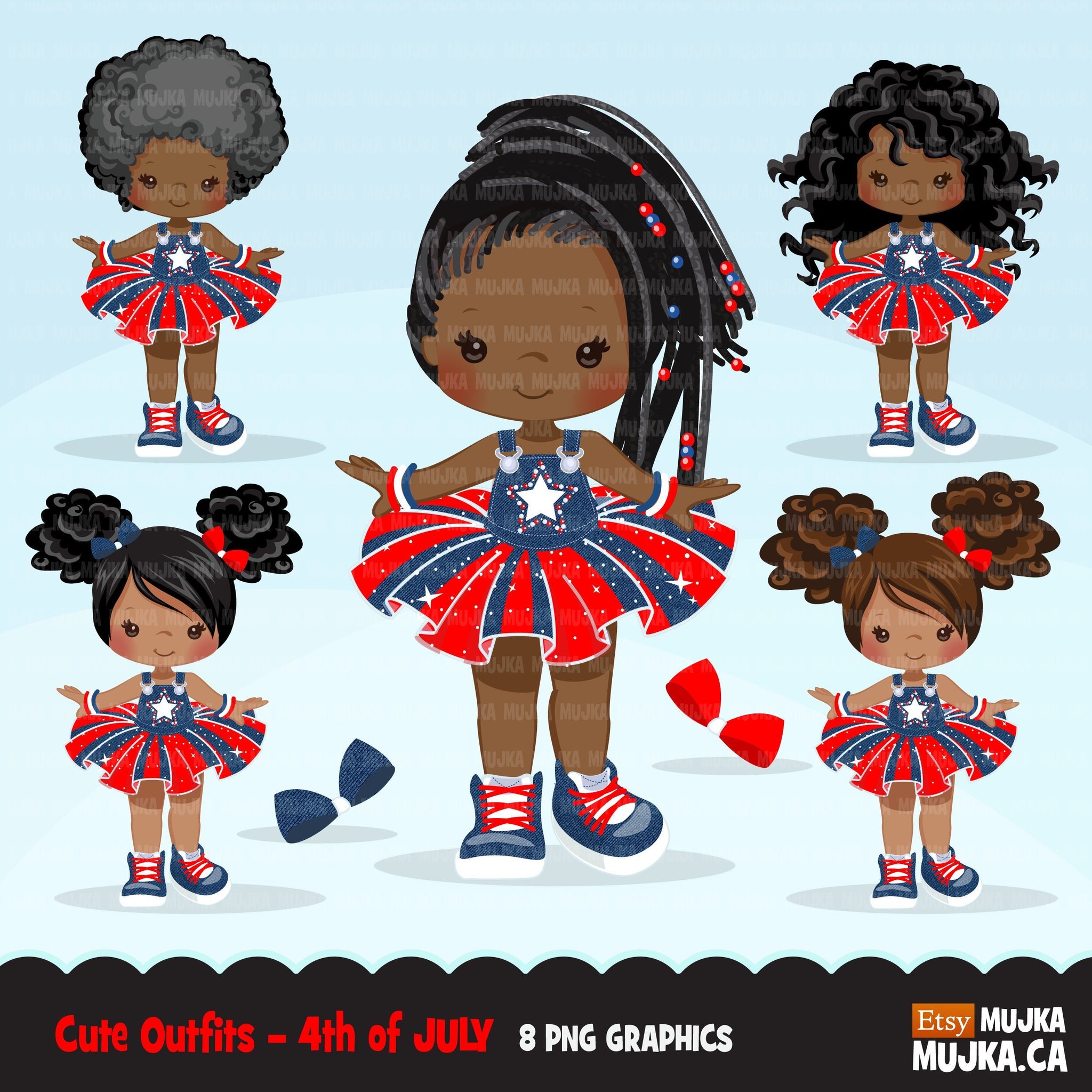 4th of July Tutu Clipart. Black girls with Independence day Tutu
