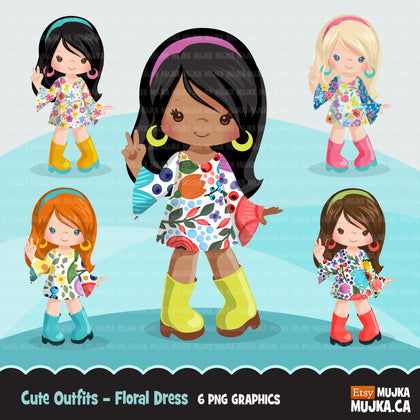 Little girl cute outfits clipart