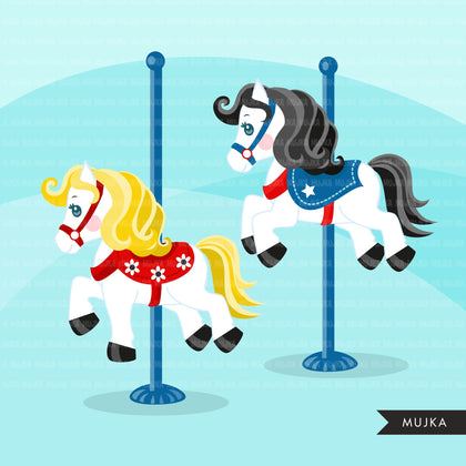 4th of July Carousel Horses Clipart, Merry Go round, independence day clip art animal