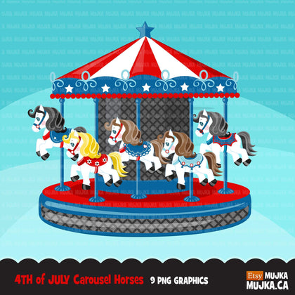 4th of July Carousel Horses Clipart, Merry Go round, independence day clip art animal