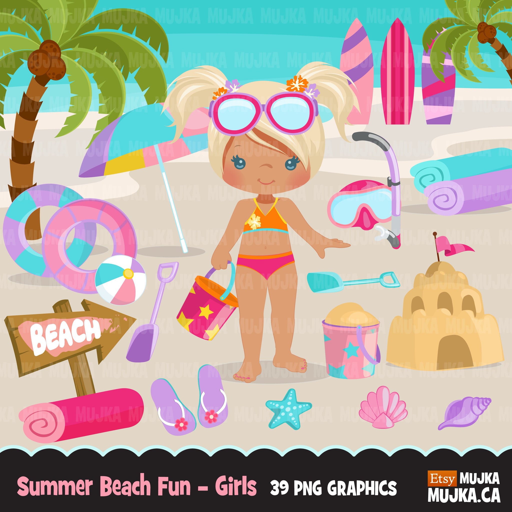 Clipart divertido de praia para meninas, clipart de verão