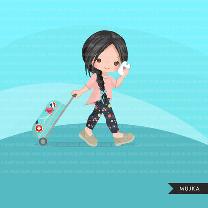 Traveling little girl clipart, Vacation graphics with suitcase and mobile