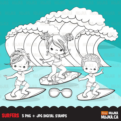Surfer digital Stamps.  Beach birthday, girl and boy summer