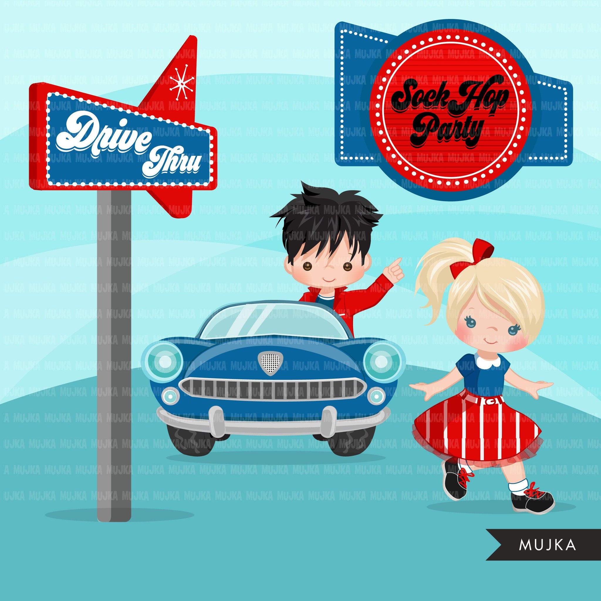 4th of July Sock Hop Party Clipart, 50's retro diner graphics