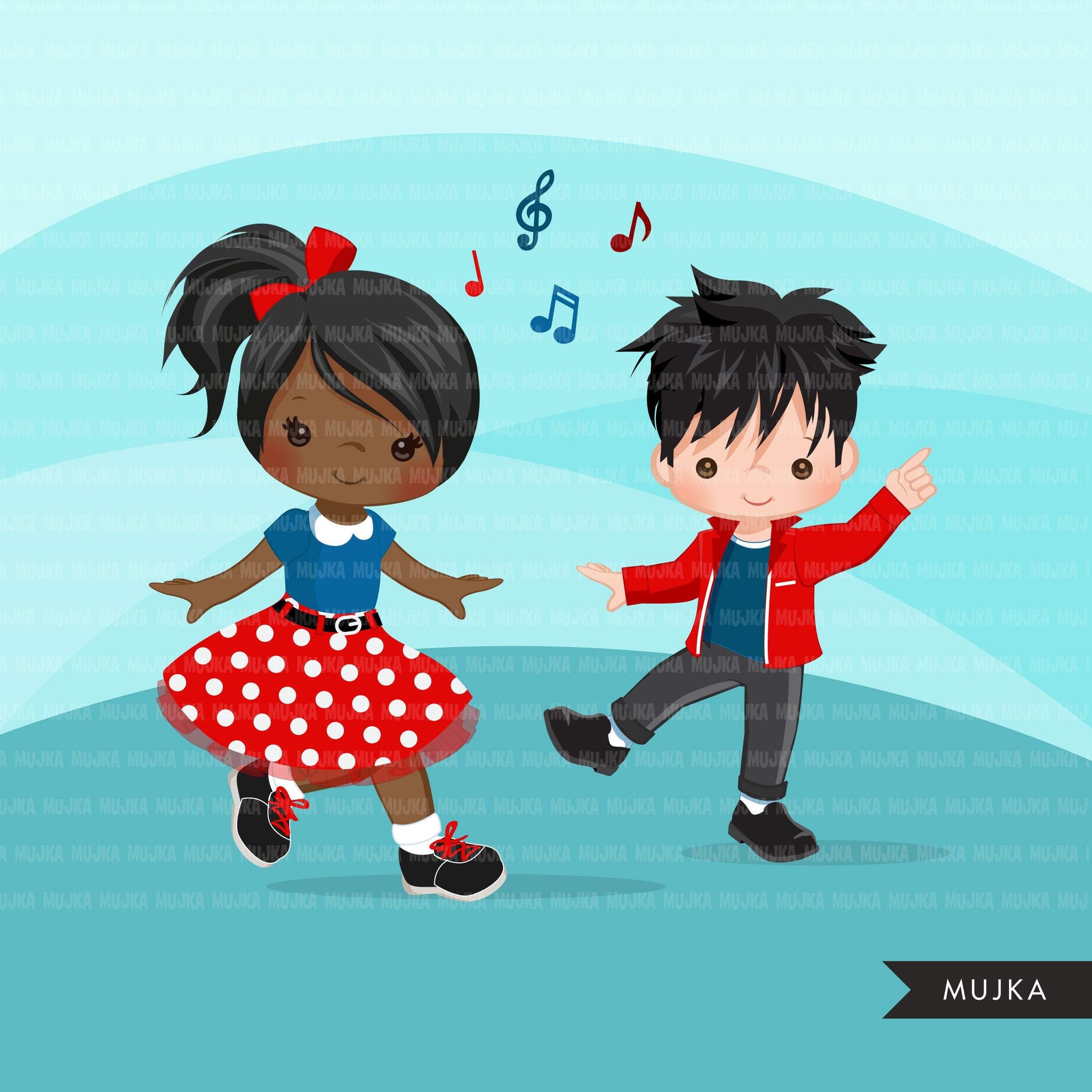Sock Hop 4th of July Party Girls Clipart, 50's retro characters