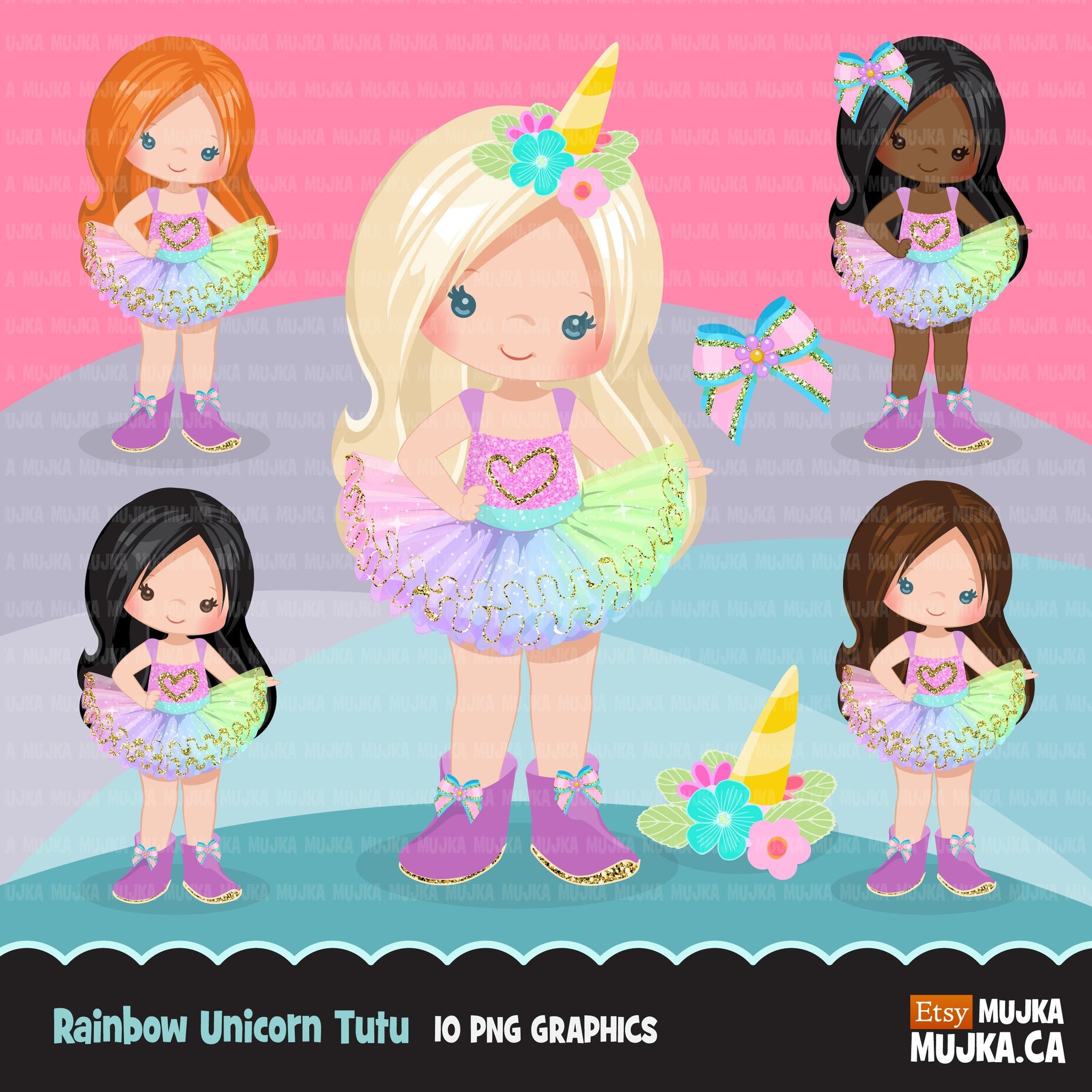 Rainbow Unicorn Tutu Clipart. Little Girl Outfit graphics.