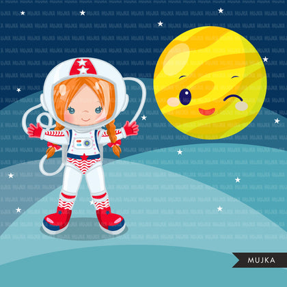 Space solar system clipart with boy and girl astronauts & cute planets