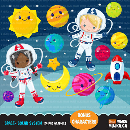 Space solar system clipart with boy and girl astronauts & cute planets