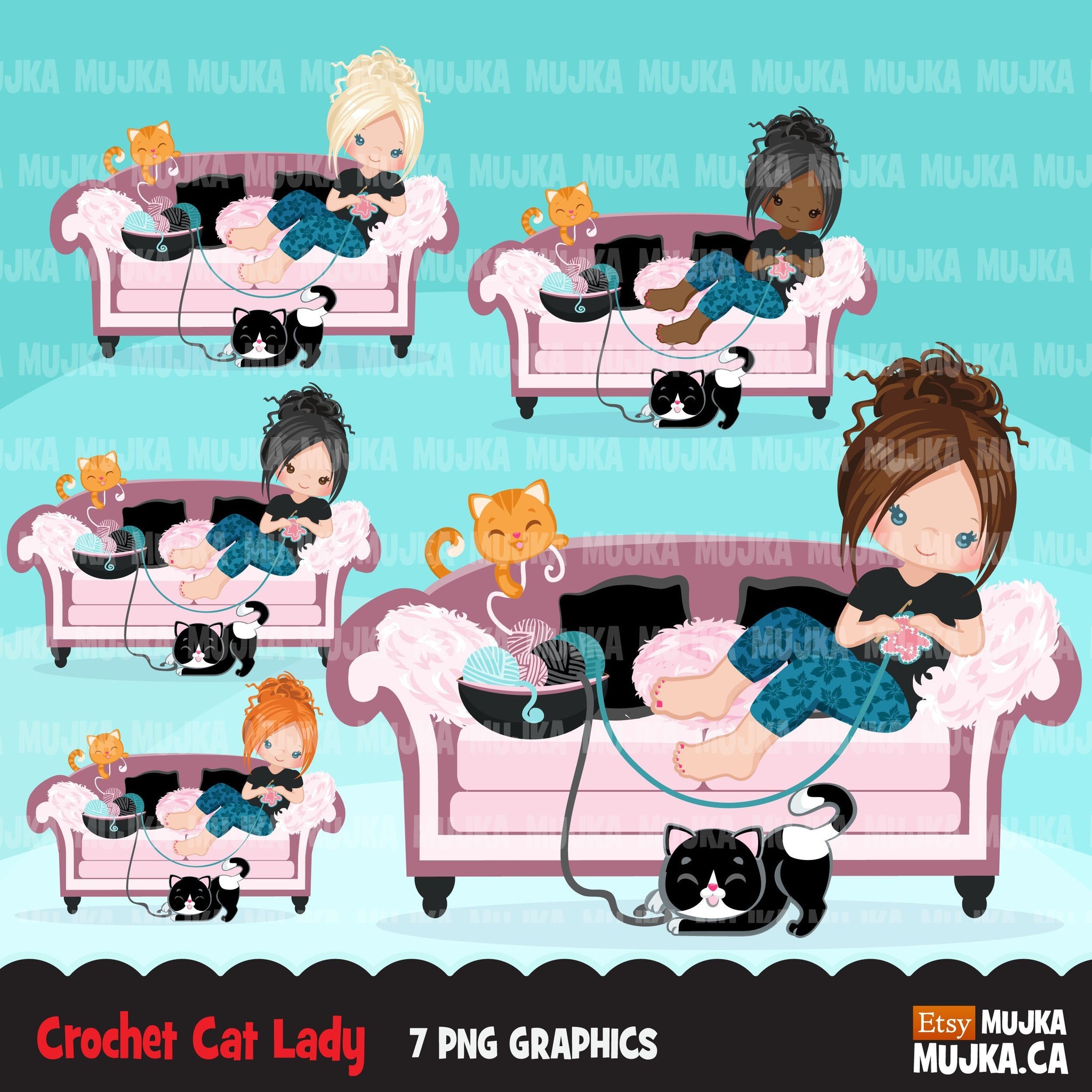 Crochet cat lady, Crafty character clipart graphics, animal, girl