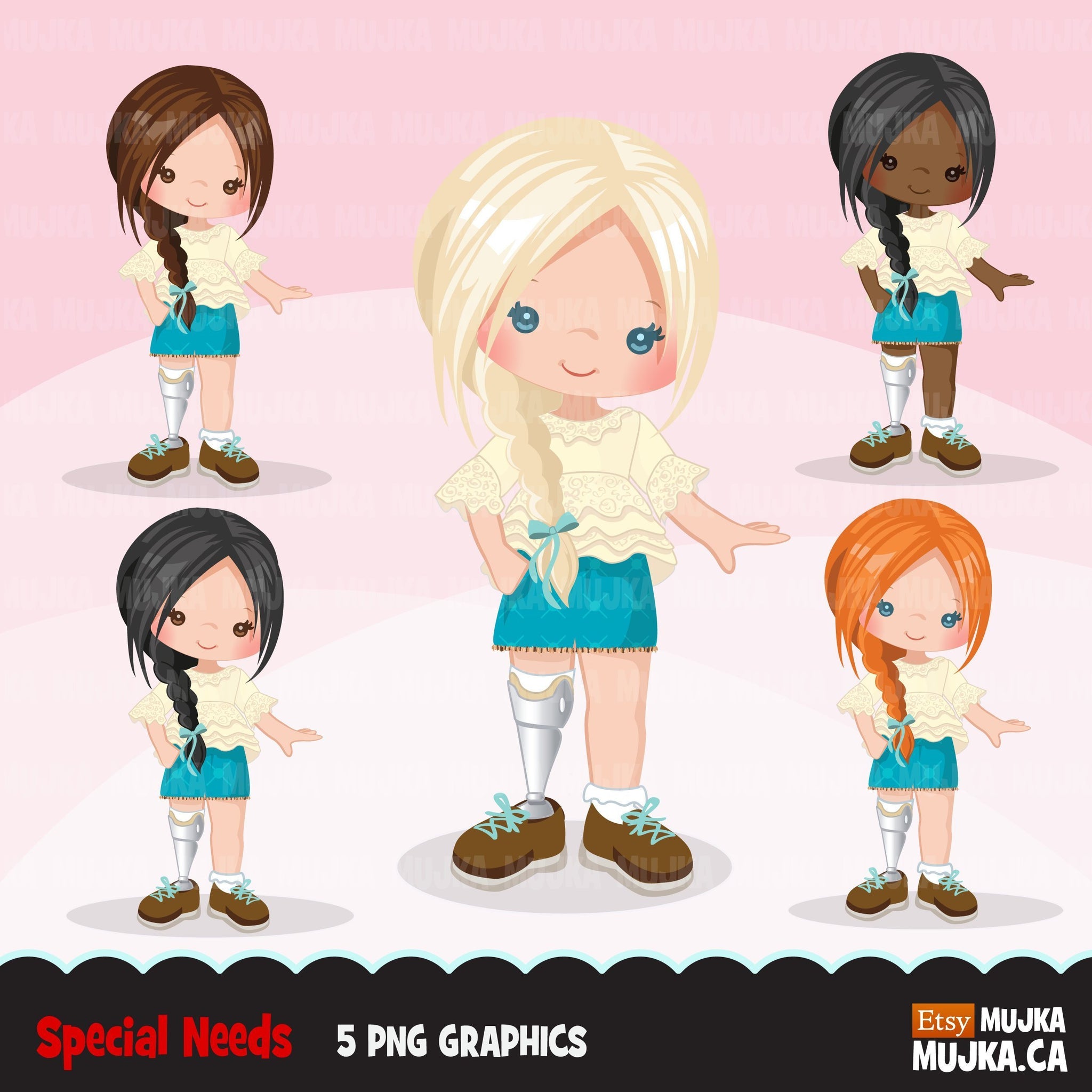 Special Needs prosthetic leg clipart, girl with disability