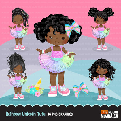 Rainbow Unicorn Tutu Clipart for dark skin girls. Summer spring tutu