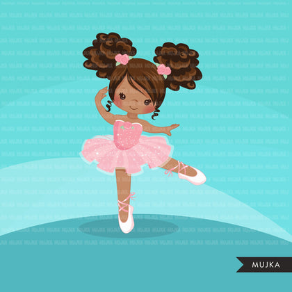 Ballerina clipart. Pink tutu afro ballerina graphics. Girls