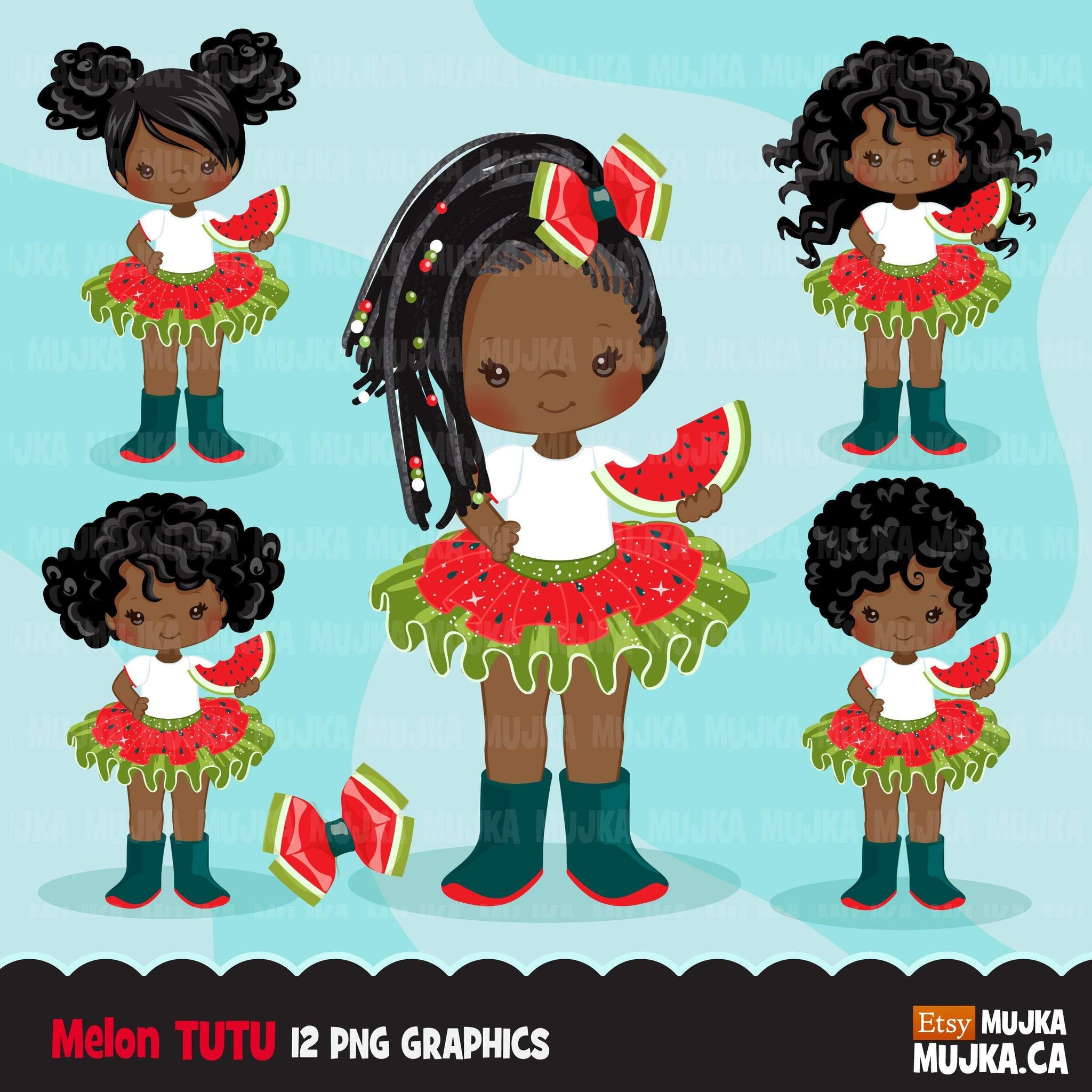 Watermelon Tutu Clipart. Little black girl summer outfits graphics. African American 4th of July