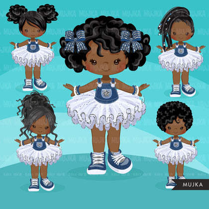 Denim and Diamonds Tutu Clipart. Little girl summer outfits graphics. African American black girl