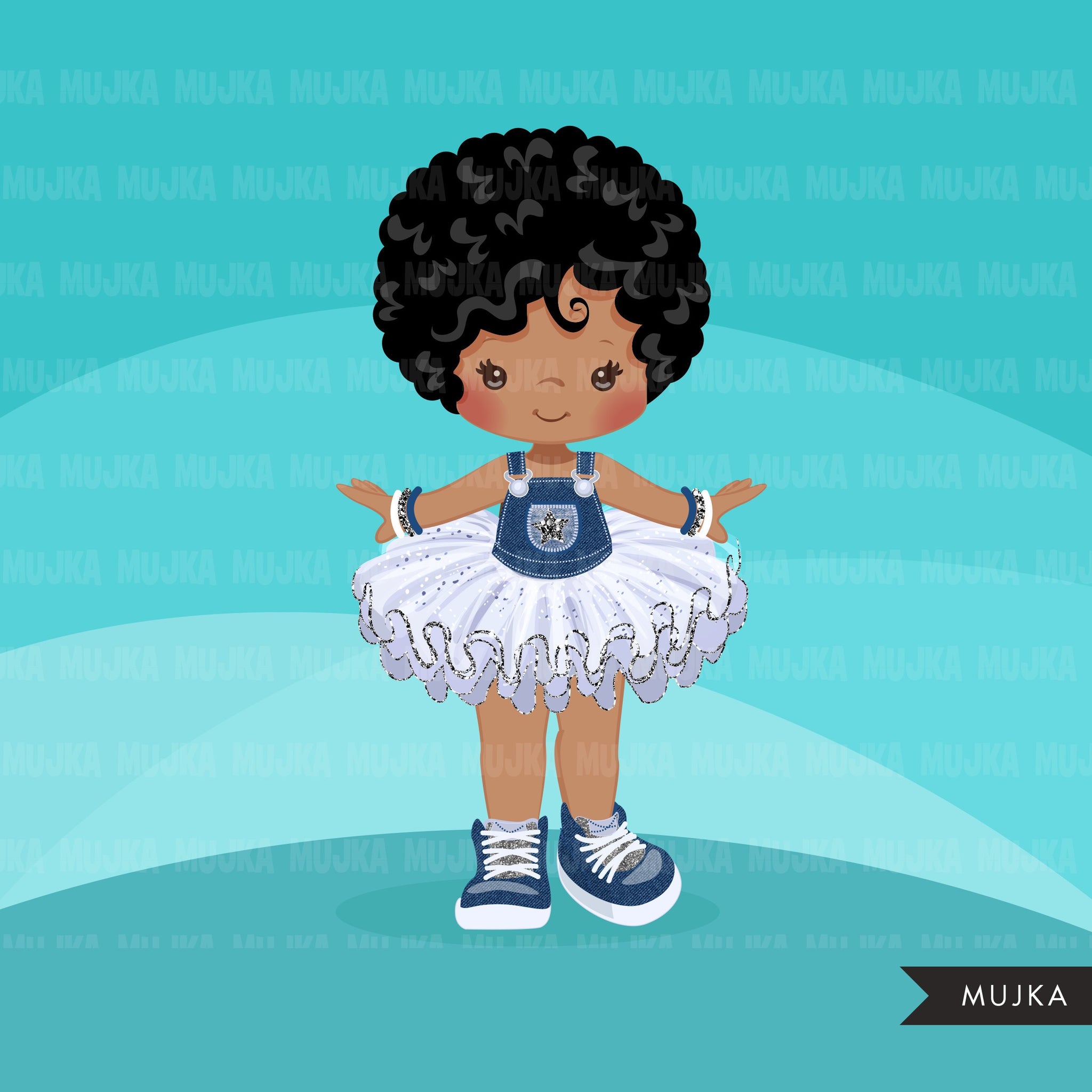 Denim and Diamonds Tutu Clipart. Little girl summer outfits graphics. African American black girl