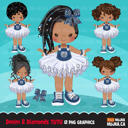 Denim and Diamonds Tutu Clipart. Little girl summer outfits graphics. African American black girl