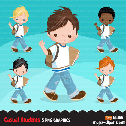 Causal Students clipart, Back to School boy character graphics