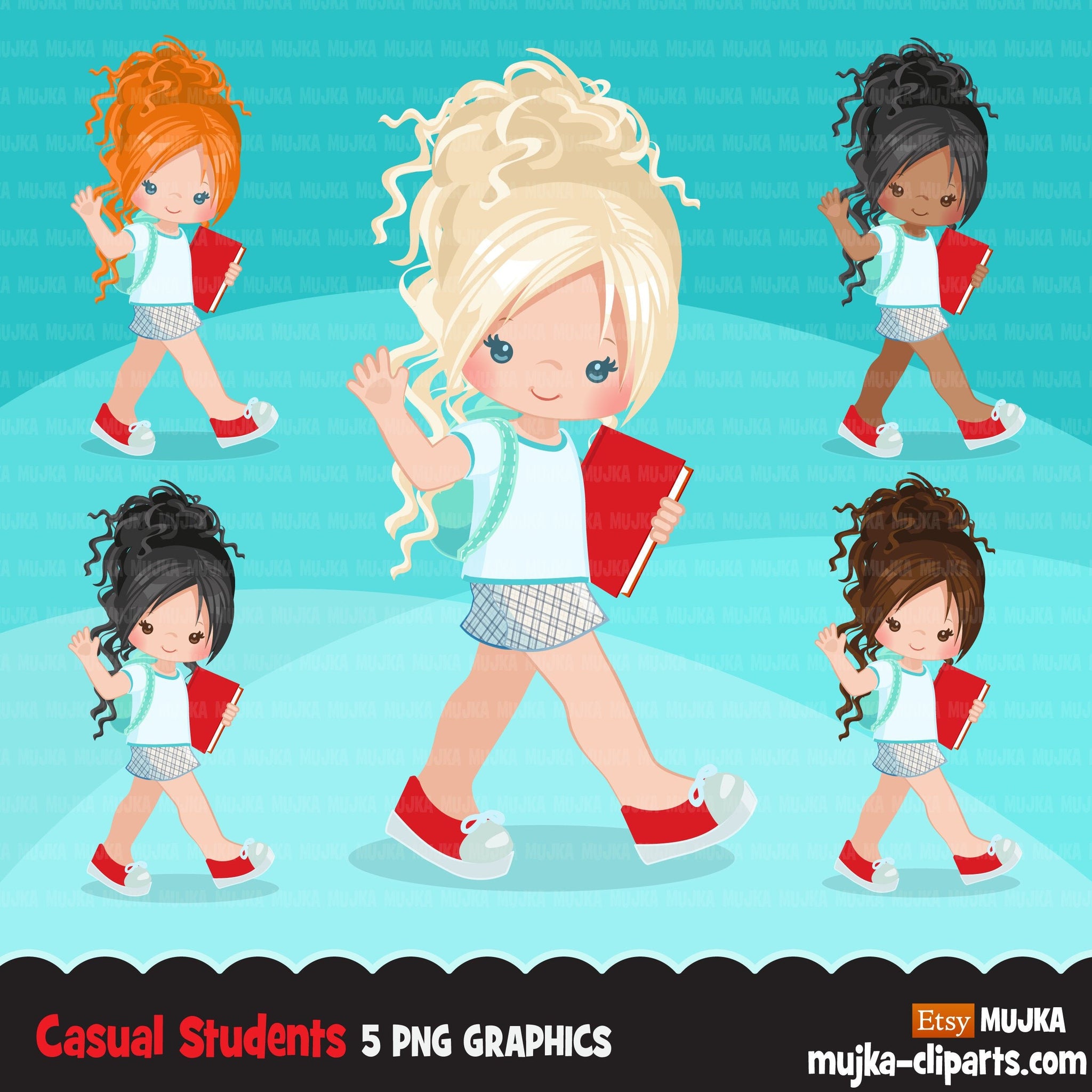 Causal Students clipart, Back to School girl character graphics, clip art planner stickers, embroidery, activity, education, teaching