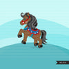 Horse Clipart, Cute farm horses with colorful saddles, animals