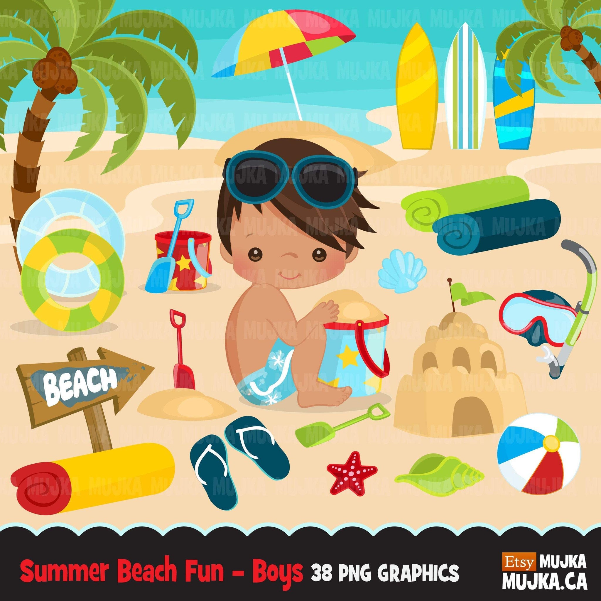 Beach Fun Clipart for Boys, Summer Cliparts