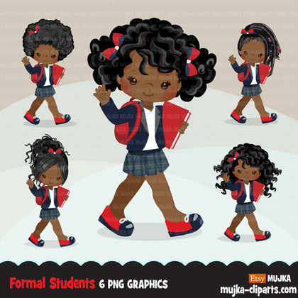 Formal black Student clipart, Black Back to School girl character graphics, clip art planner stickers, embroidery, activity, education, teaching