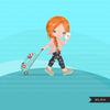Traveling little girl clipart, Vacation graphics with suitcase and mobile