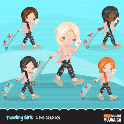 Traveling little girl clipart, Vacation graphics with suitcase and mobile