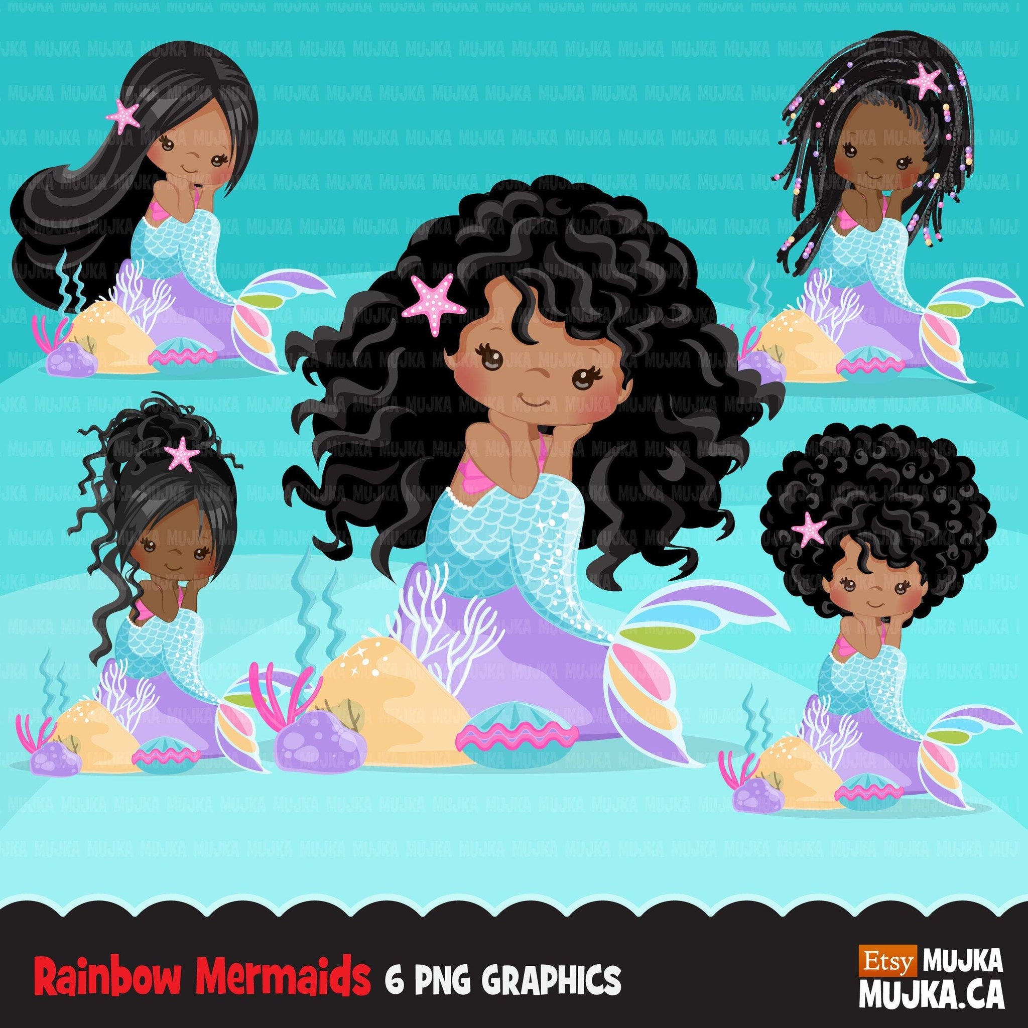 black Mermaid clipart, pastel mermaid graphics, card making, planner stickers, summer mermaid princess, birthday party, favors, toppers, girl clip art