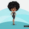 Afro black woman clipart with black mini dress African-American graphics, print and cut PNG T-Shirt Designs, Black Girls clip art