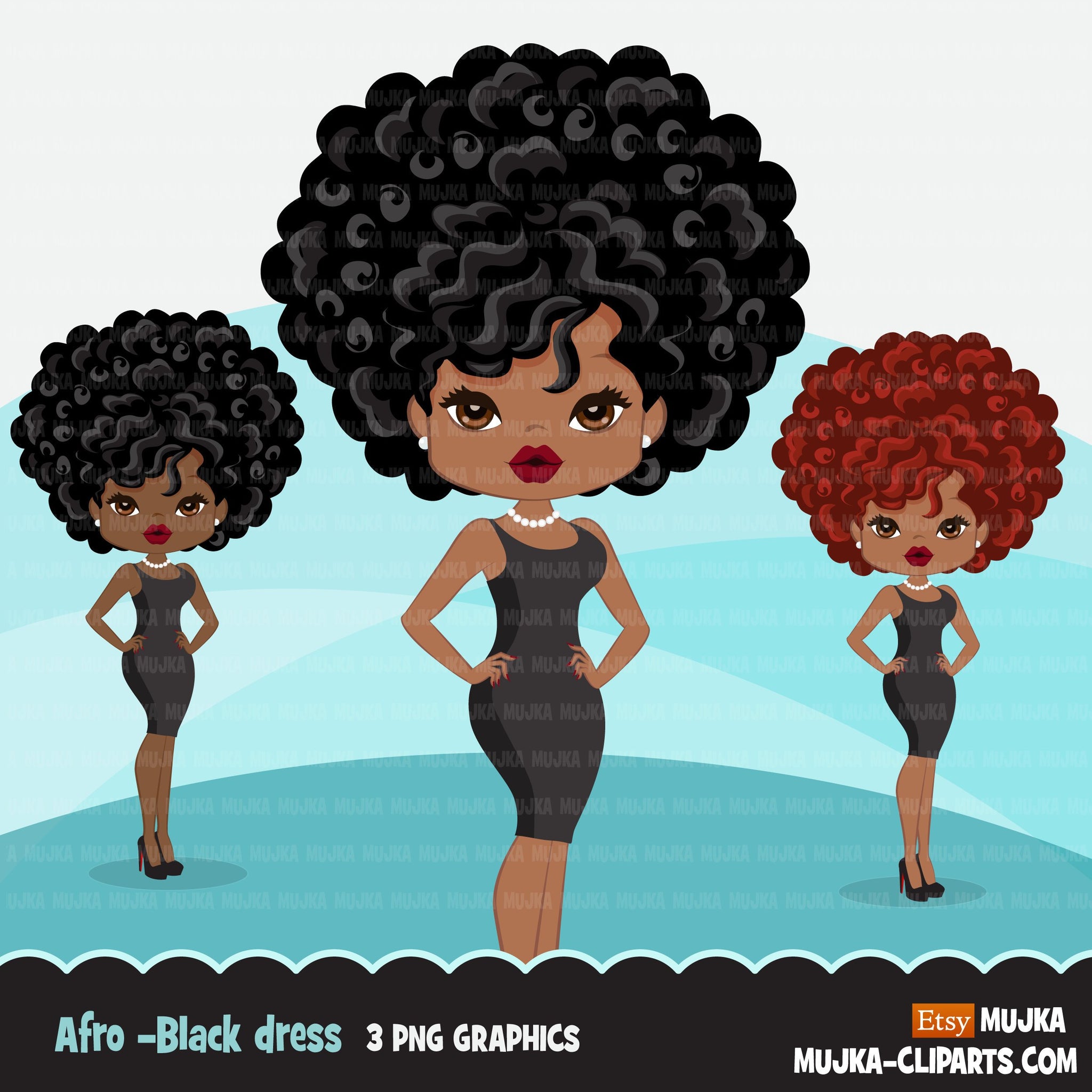 Clipart de mulher negra afro com minivestido preto, gráficos afro-americanos, imprimir e cortar designs de camisetas PNG, clipart de meninas negras