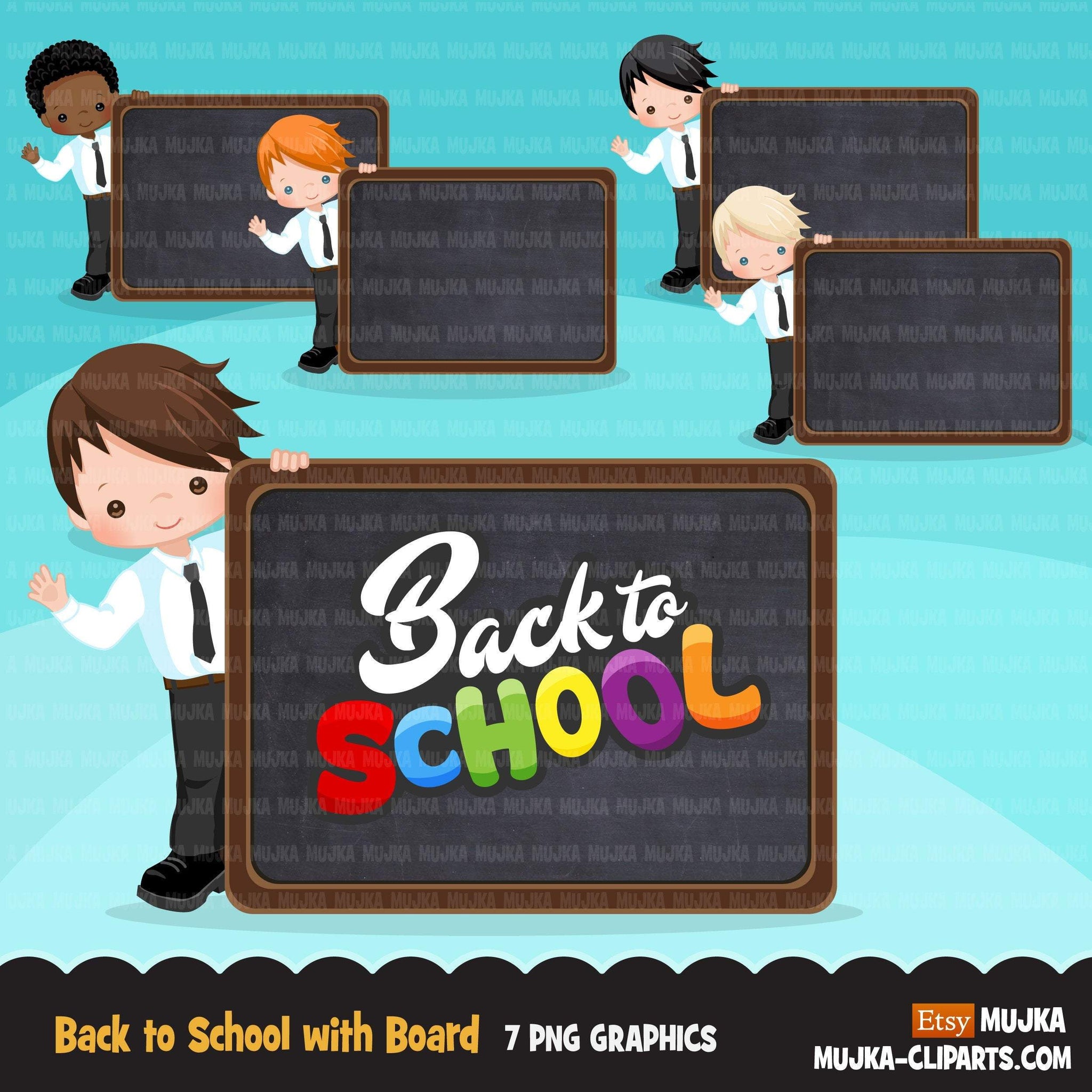 Back to school clipart with Boy students and black board, Education, teaching graphics
