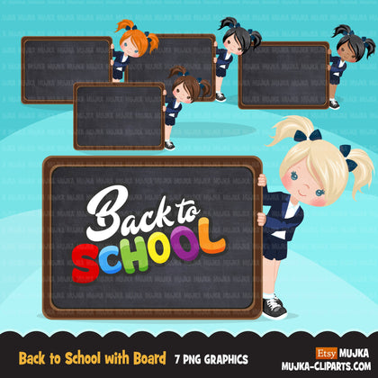 Back to school clipart with Girl students and black board, Education, teaching graphics