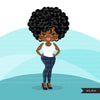 Afro black woman clipart with jeans and t-shirt African-American graphics, print and cut PNG T-Shirt Designs, Black Girls clip art