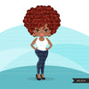 Afro black woman clipart with jeans and t-shirt African-American graphics, print and cut PNG T-Shirt Designs, Black Girls clip art