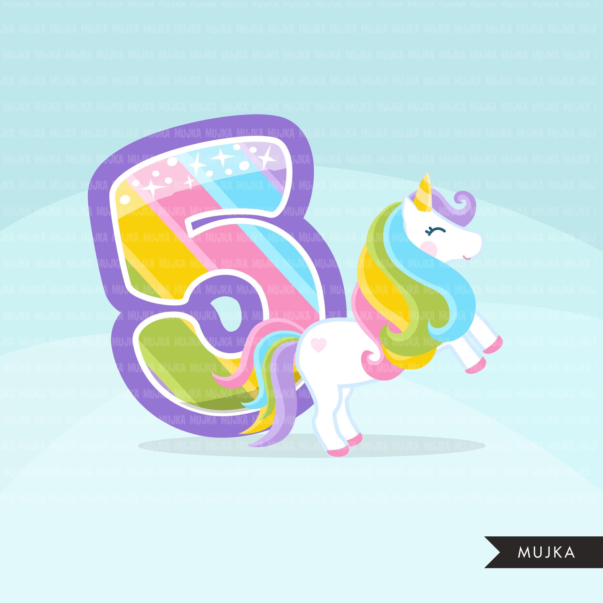Unicornio Numeros Clipart Unicornios arcoíris con números de cumpleaños, animales de verano